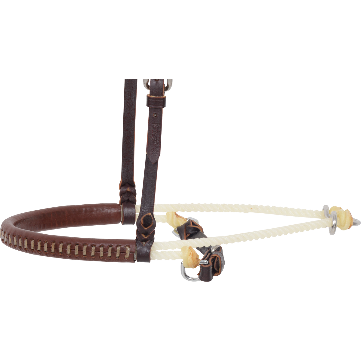 Double rope cavesson noseband seen from the side. The laced leather-covered nose piece leads back to white rope and a dark cavesson strap with a buckle.