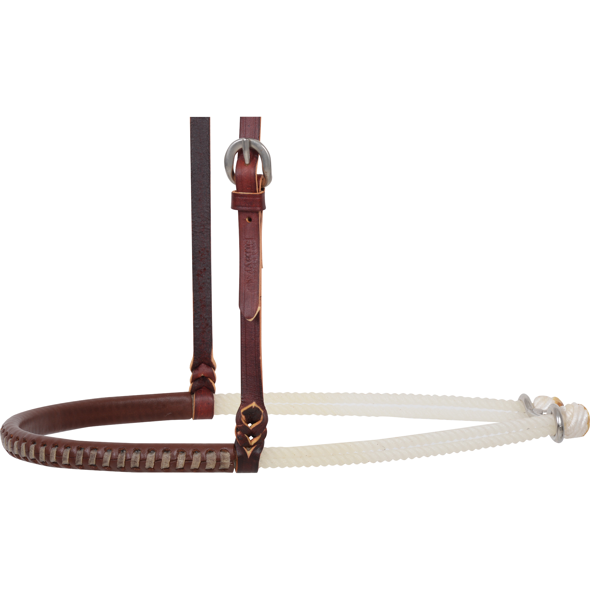 Laced nose piece of a double rope noseband, seen from the side. Rawhide lacing runs along the lower edge of the harness leather cover, and the white rope continues back to metal hardware.