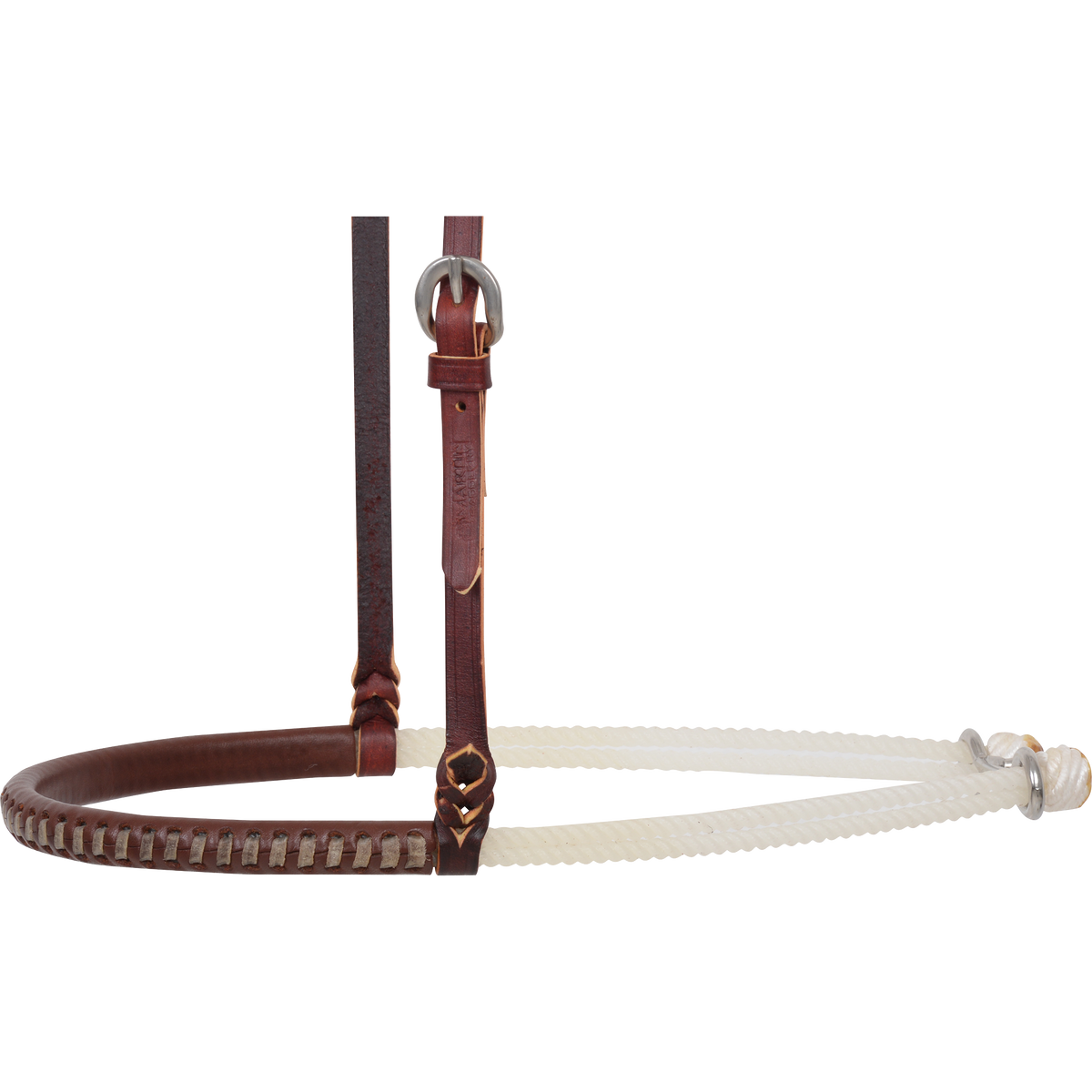 Laced nose piece of a double rope noseband, seen from the side. Rawhide lacing runs along the lower edge of the harness leather cover, and the white rope continues back to metal hardware.