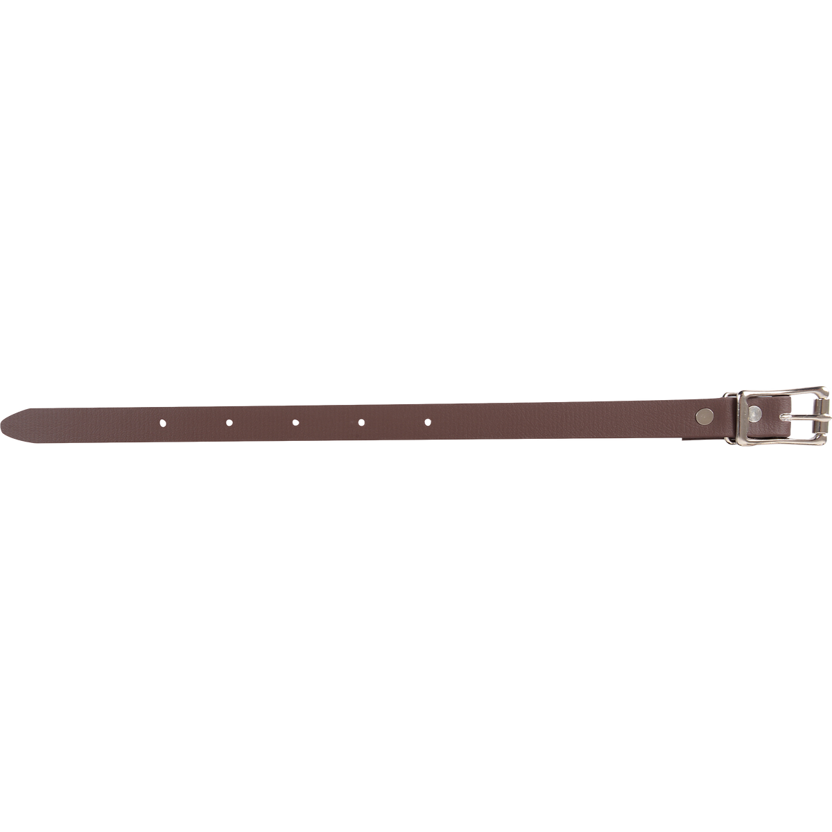Flank cinch hobble strap laid out straight. The dark strap has a row of adjustment holes and a roller buckle at one end.