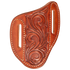 Angled knife scabbard with floral tooling, seen from the front. Vine tooling covers the center panel of the skirting leather, with white stitching and a belt slot on each side.