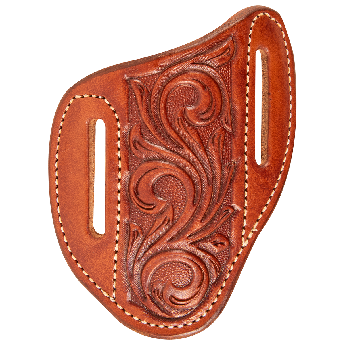 Angled knife scabbard with floral tooling, seen from the front. Vine tooling covers the center panel of the skirting leather, with white stitching and a belt slot on each side.