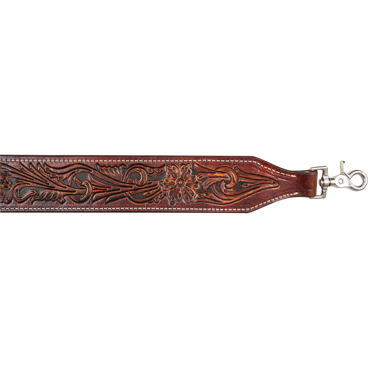 End of a chestnut floral tooled rope can strap, seen from above. A tooled flower and leaves run to the tapered end, which holds a swivel snap.