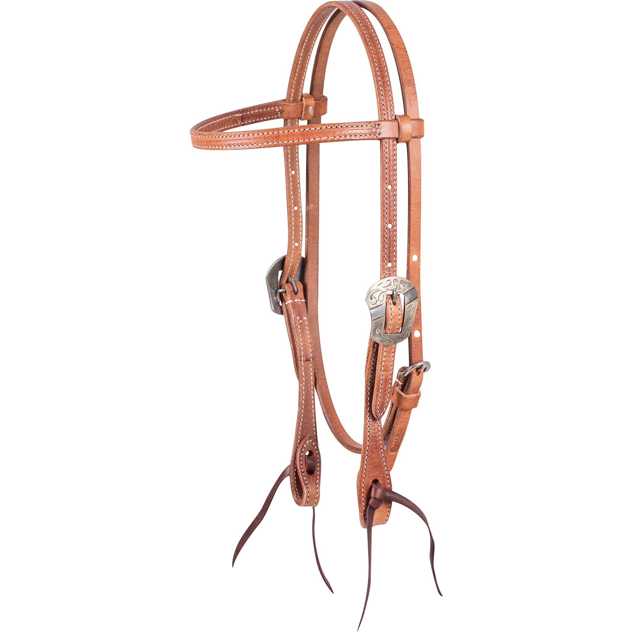 Harness leather browband headstall with Salinas buckles, seen from the front quarter. The stitched 5/8-inch western headstall ends in dark latigo bit ties.