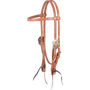 Harness leather browband headstall with Salinas buckles, seen from the front quarter. The stitched 5/8-inch western headstall ends in dark latigo bit ties.
