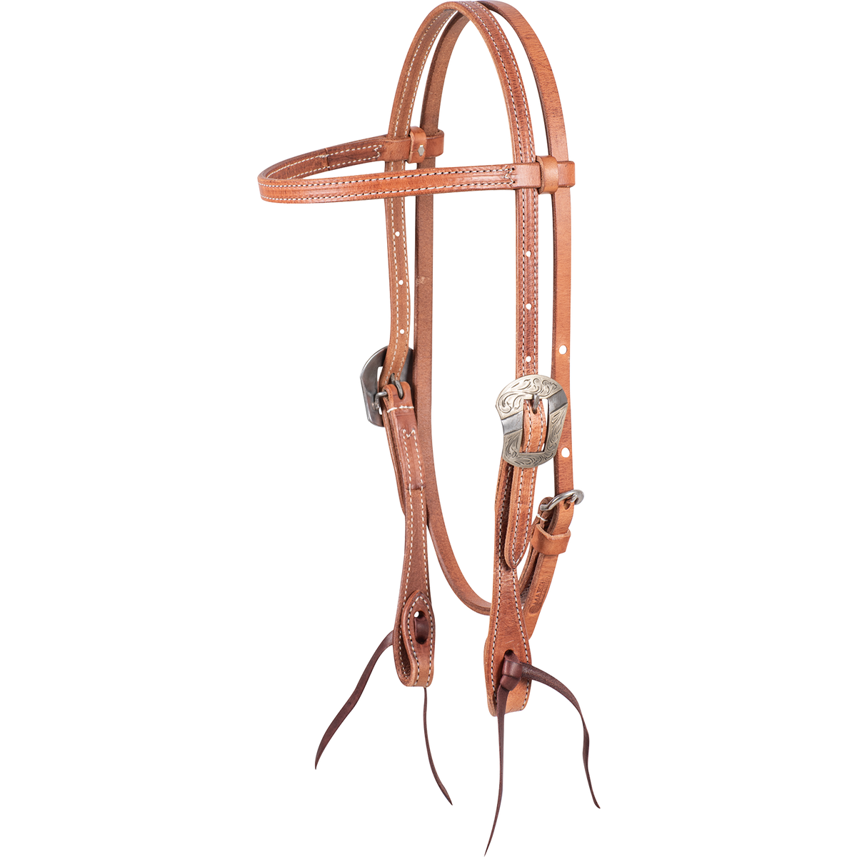 Harness leather browband headstall with Salinas buckles, seen from the front quarter. The stitched 5/8-inch western headstall ends in dark latigo bit ties.