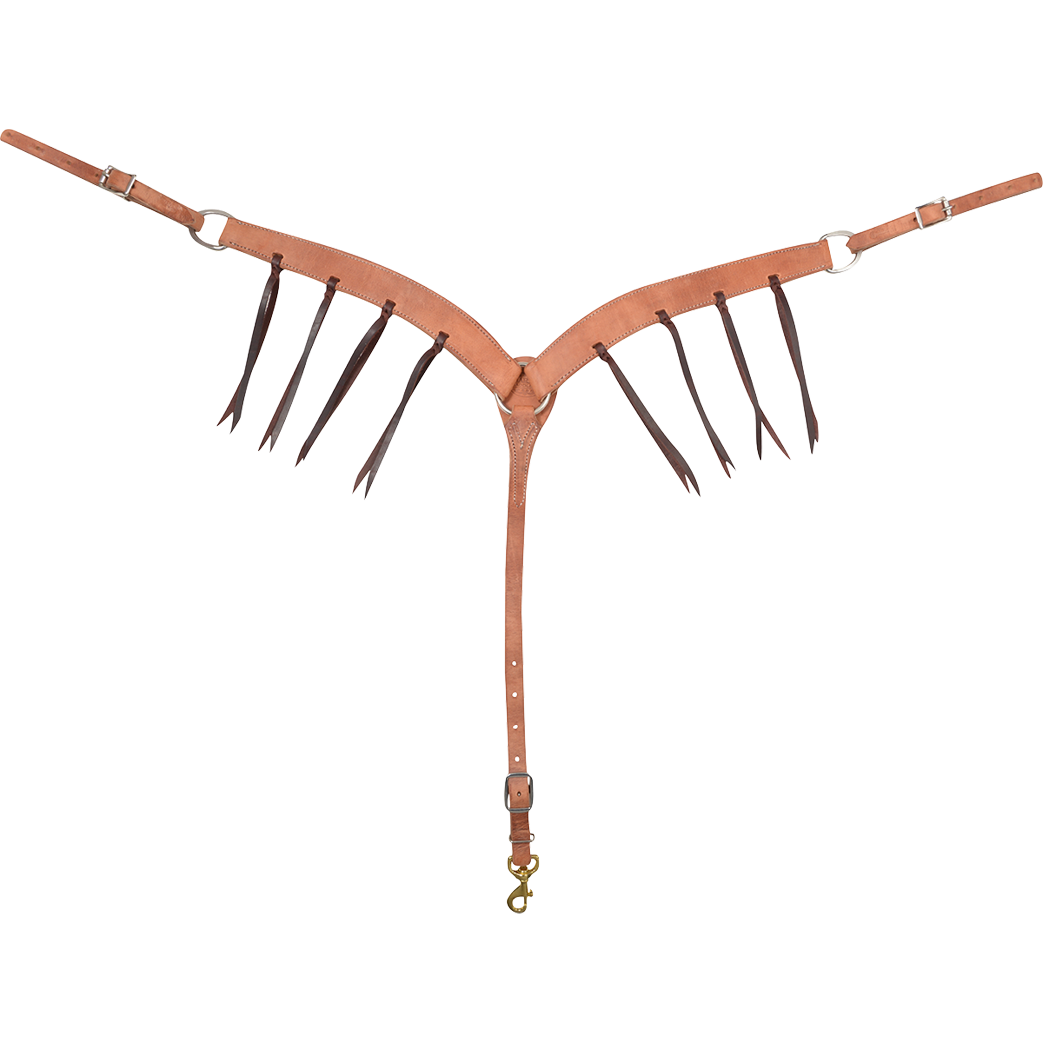 Harness leather breastcollar with blood knots, seen from the front in full. Dark latigo strings hang from blood knots along both 1.75-inch shoulder straps, which meet at a center ring above a tie-down strap with a snap.