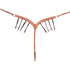 Harness leather breastcollar with blood knots, seen from the front in full. Dark latigo strings hang from blood knots along both 1.75-inch shoulder straps, which meet at a center ring above a tie-down strap with a snap.