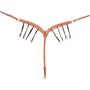 Harness leather breastcollar with blood knots, seen from the front in full. Dark latigo strings hang from blood knots along both 1.75-inch shoulder straps, which meet at a center ring above a tie-down strap with a snap.