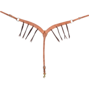 Harness leather breastcollar with blood knots, seen from the front in full. Dark latigo strings hang from blood knots along both 1.75-inch shoulder straps, which meet at a center ring above a tie-down strap with a snap.