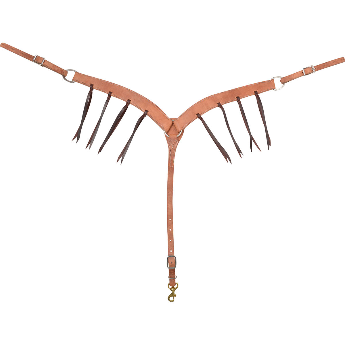 Harness leather breastcollar with blood knots, seen from the front in full. Dark latigo strings hang from blood knots along both 1.75-inch shoulder straps, which meet at a center ring above a tie-down strap with a snap.