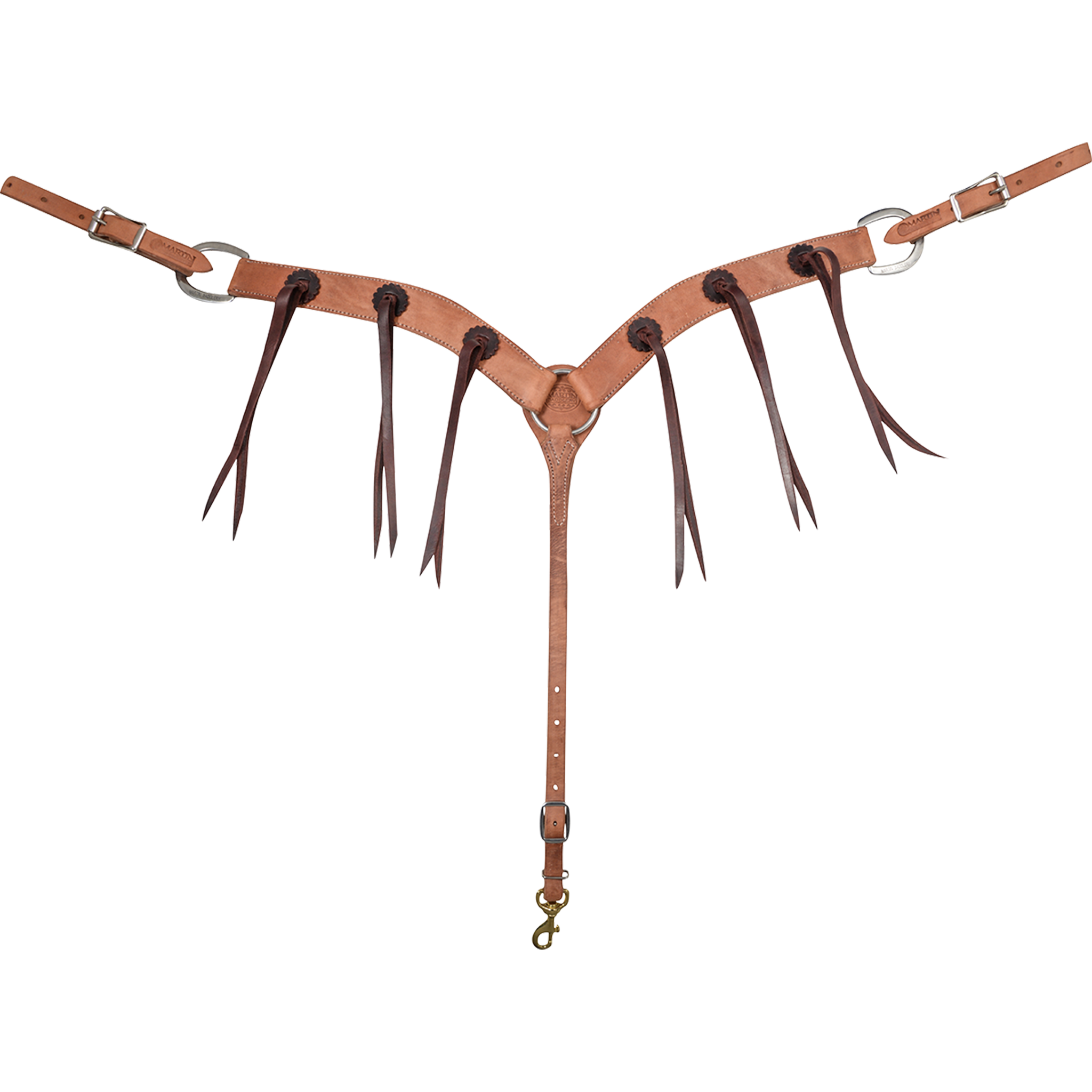 Harness leather breastcollar with latigo rosettes and strings, seen from the front in full. Dark rosettes with long latigo strings sit along the 2-inch shoulder straps, which meet at a center ring above a tie-down strap with a snap.