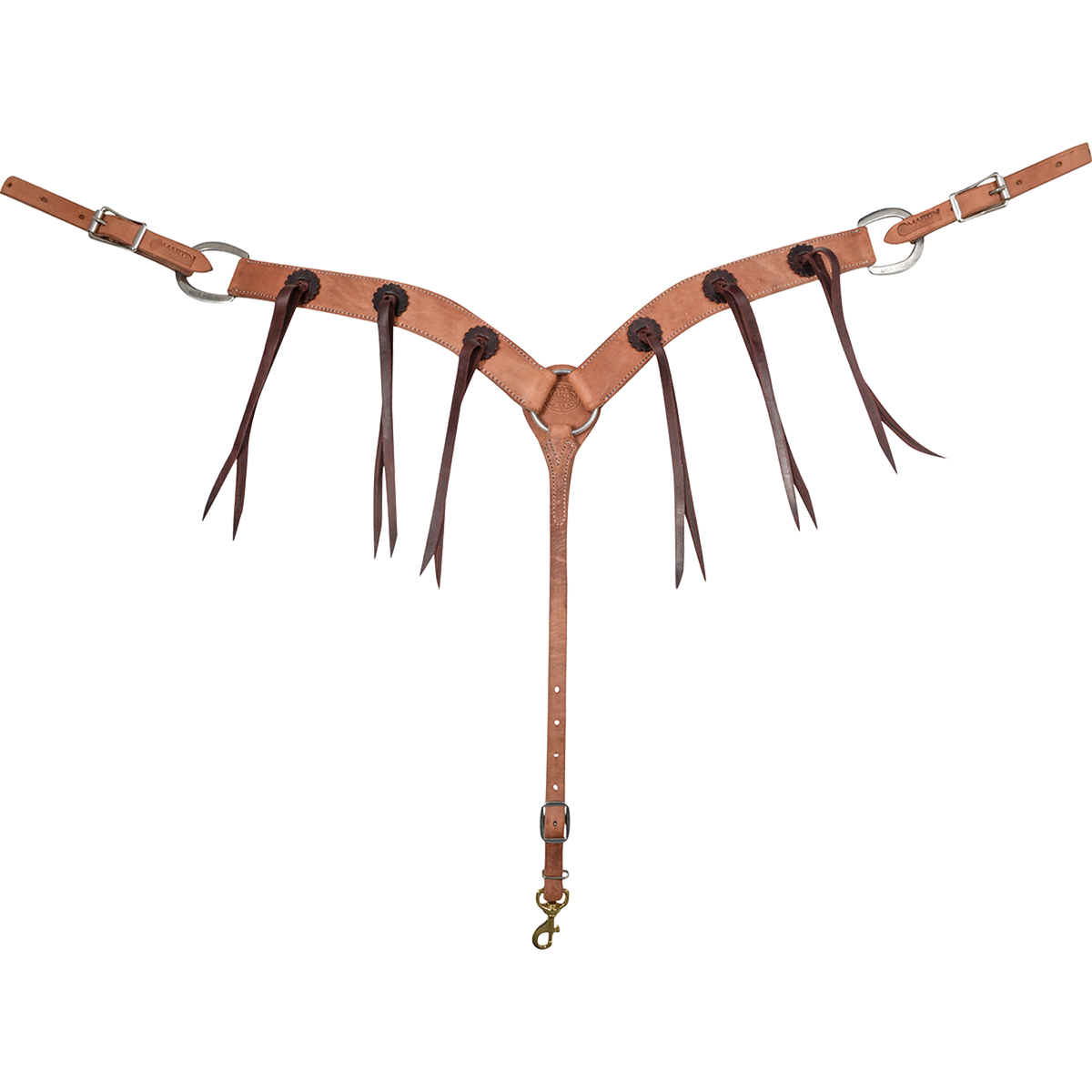 Harness leather breastcollar with latigo rosettes and strings, seen from the front in full. Dark rosettes with long latigo strings sit along the 2-inch shoulder straps, which meet at a center ring above a tie-down strap with a snap.