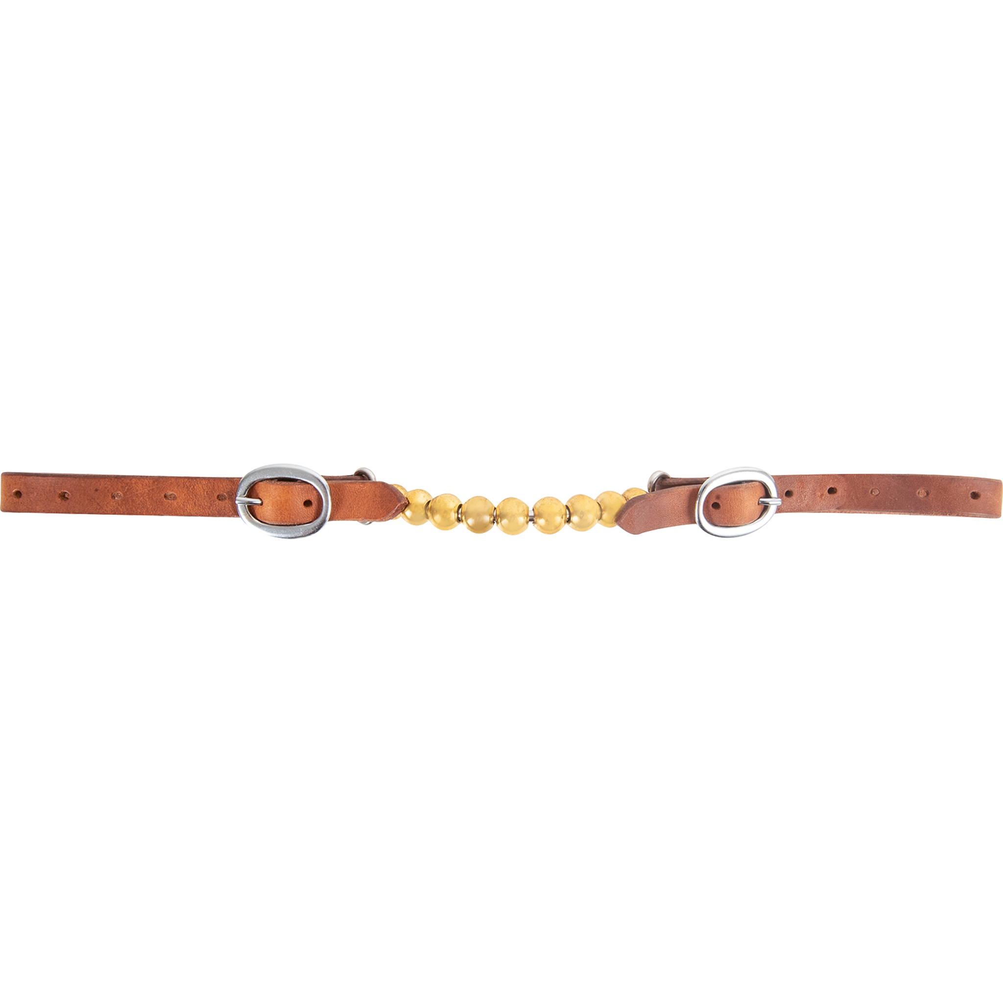 Harness leather curb strap laid out straight and seen from the side. Brown leather ends with stainless steel buckles and adjustment holes meet a center row of brass balls.