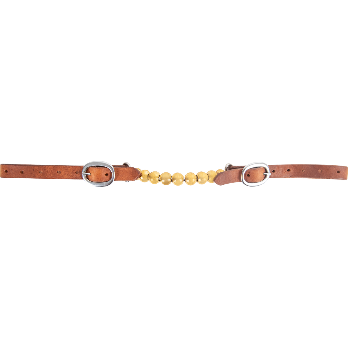 Harness leather curb strap laid out straight and seen from the side. Brown leather ends with stainless steel buckles and adjustment holes meet a center row of brass balls.