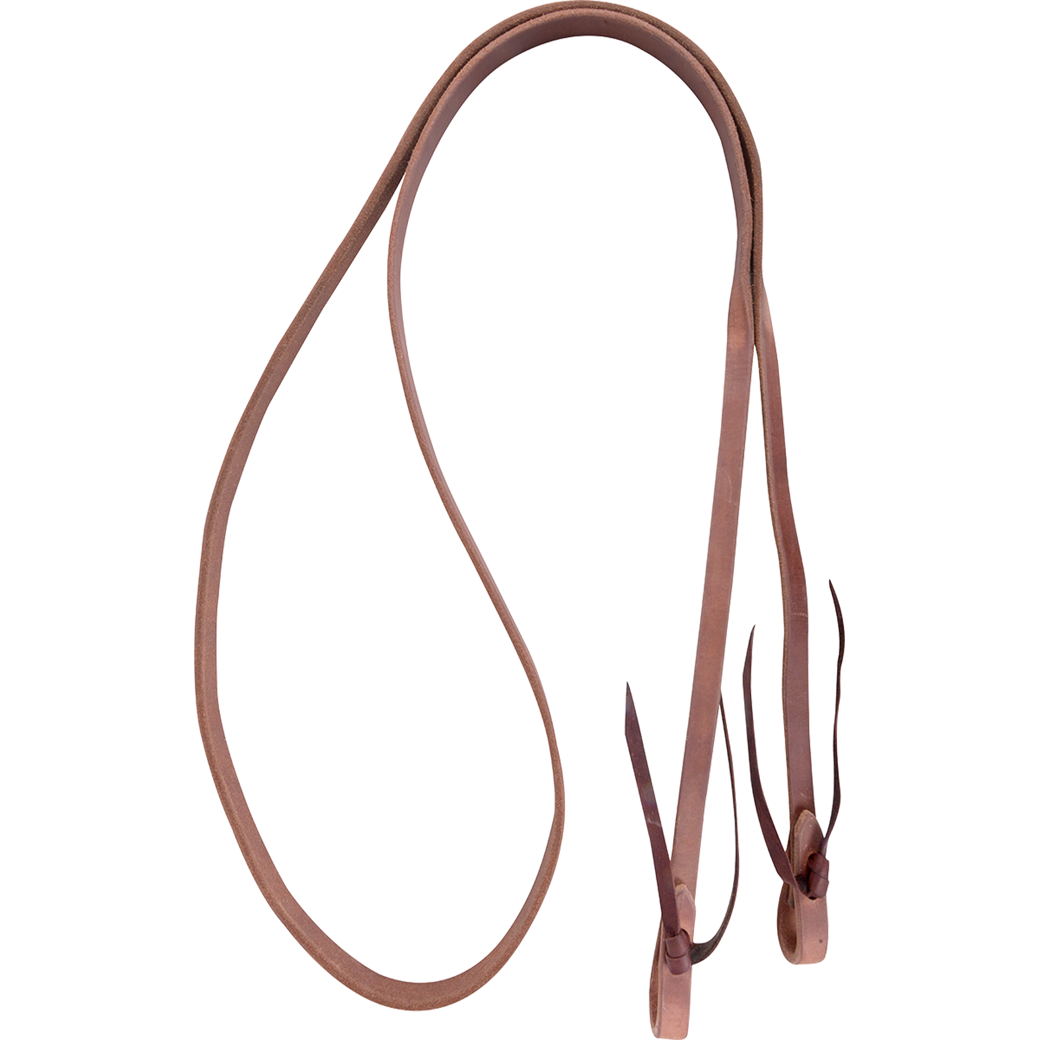 5/8-inch harness roping rein with tied ends, looped and seen from above. Each end folds into a water loop held by a leather tie.
