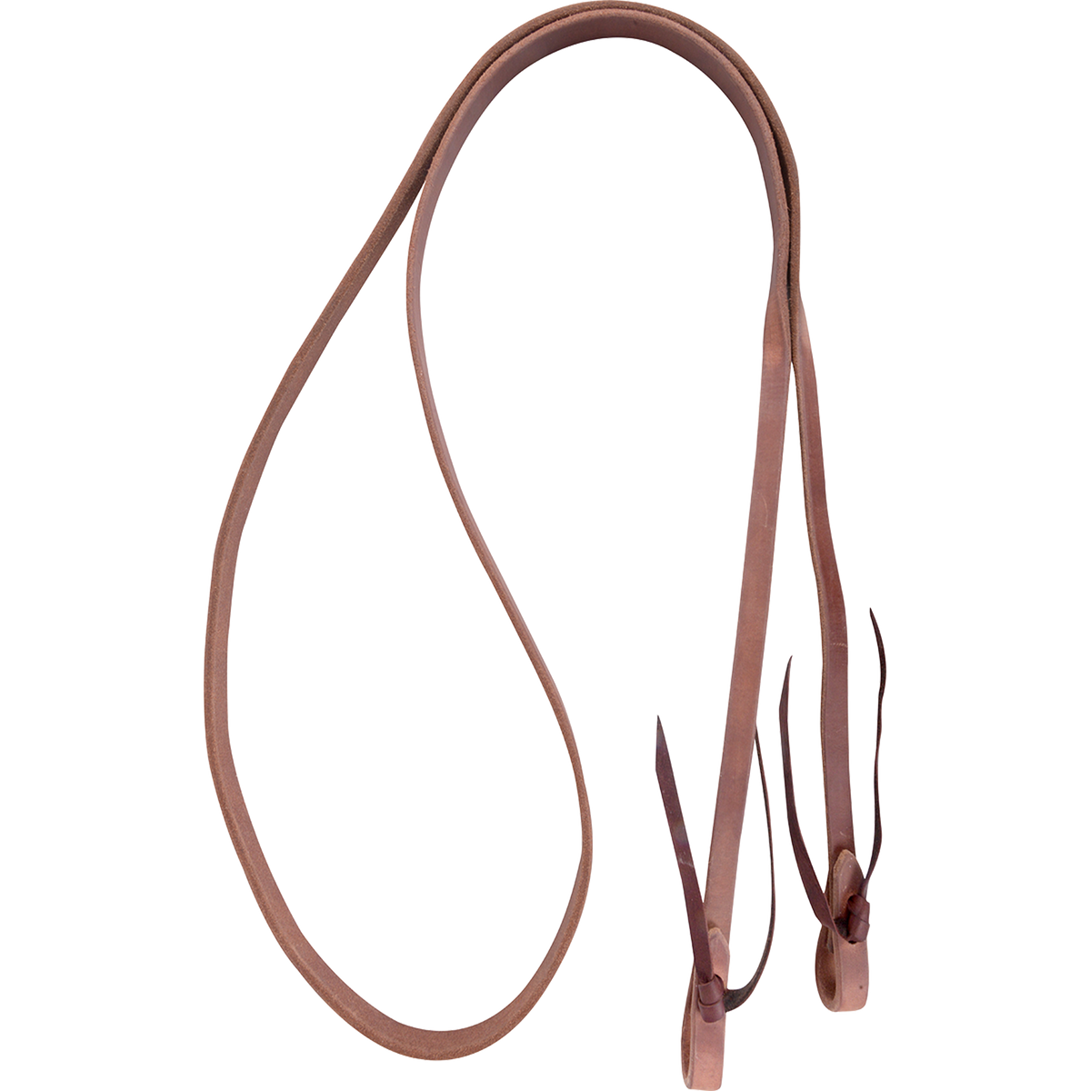 5/8-inch harness roping rein with tied ends, looped and seen from above. Each end folds into a water loop held by a leather tie.