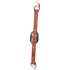 Leather cheek piece of an adjustable headsetter, seen up close. A buckle sits at the center of the stitched strap, with rings joining it to white rope at the top and bottom.