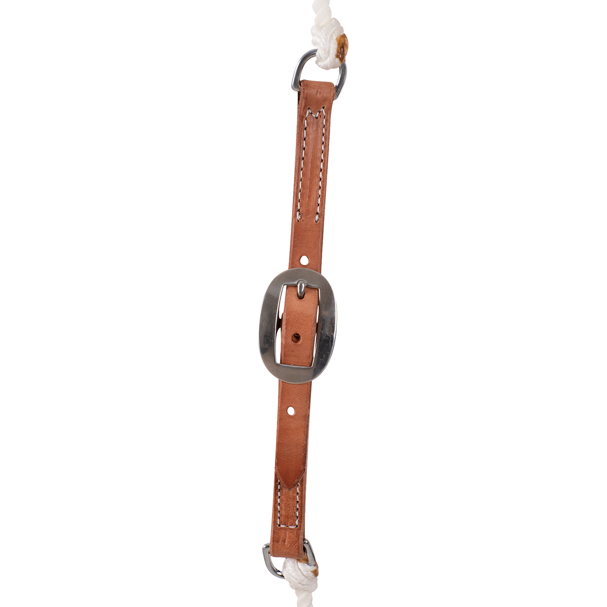 Leather cheek piece of an adjustable headsetter, seen up close. A buckle sits at the center of the stitched strap, with rings joining it to white rope at the top and bottom.