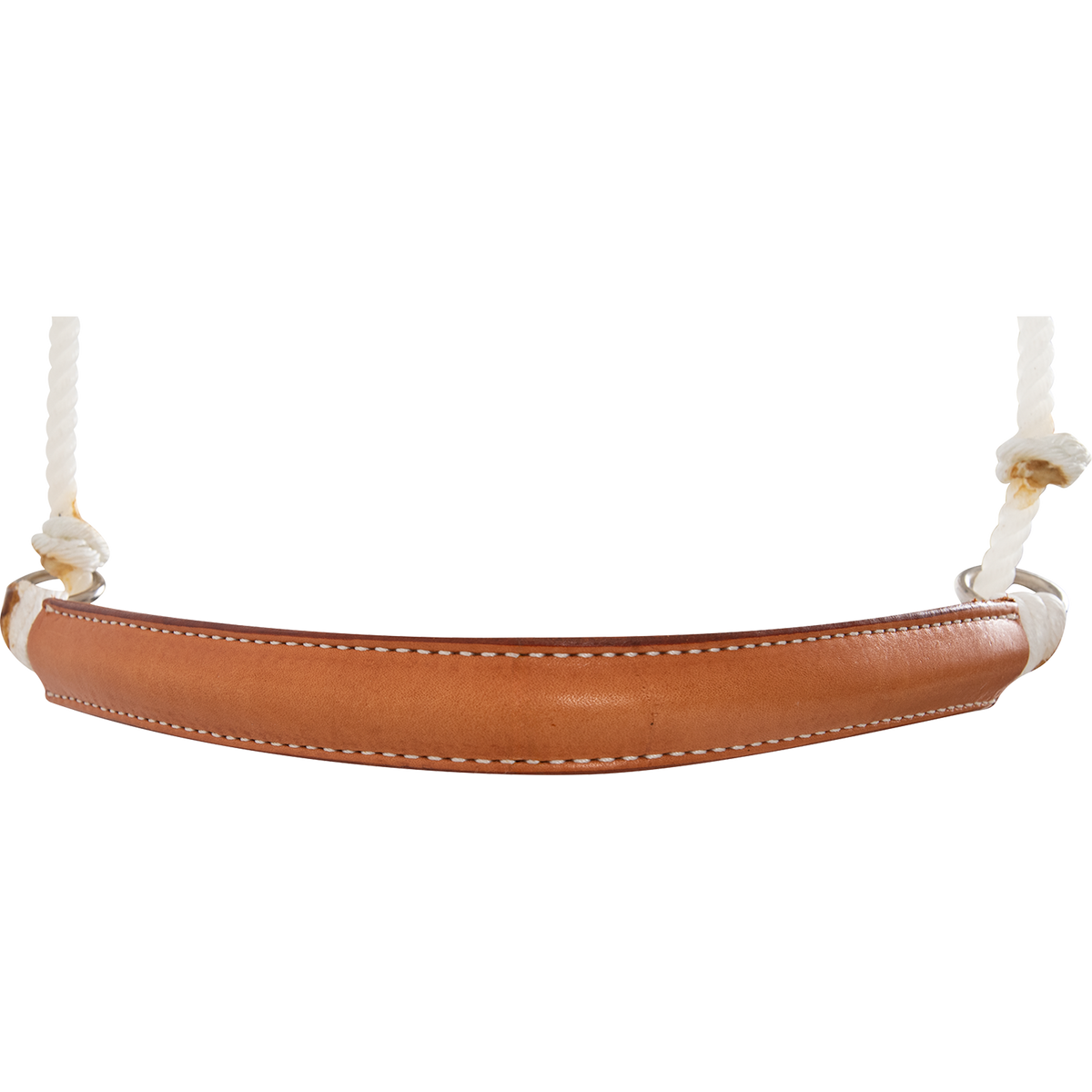 Leather-covered noseband of a rope headsetter, seen from the front. White stitching runs along the edges of the smooth leather cover, with rope knots at each end.