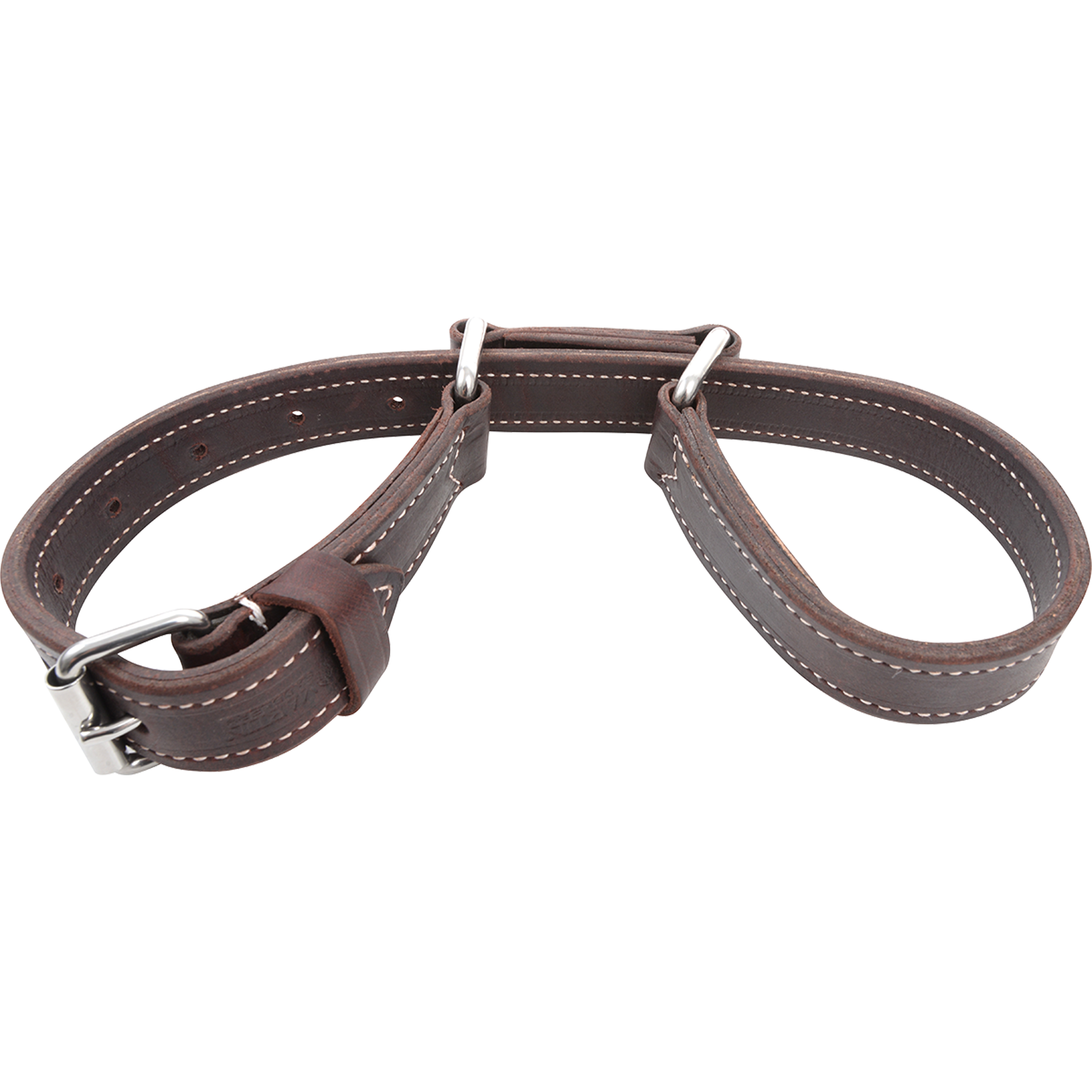 Double-stitched latigo leather hobbles, seen from the front quarter. The dark straps form cuffs joined by rings, with white stitching along the edges and a roller buckle.