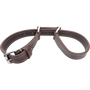 Double-stitched latigo leather hobbles, seen from the front quarter. The dark straps form cuffs joined by rings, with white stitching along the edges and a roller buckle.