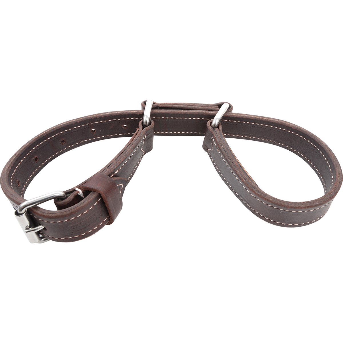 Double-stitched latigo leather hobbles, seen from the front quarter. The dark straps form cuffs joined by rings, with white stitching along the edges and a roller buckle.