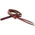 Latigo leather rope strap with button knot, coiled and seen from above. A woven button knot sits partway along the strap, which ends in split tails.