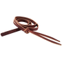 Latigo leather rope strap with button knot, coiled and seen from above. A woven button knot sits partway along the strap, which ends in split tails.