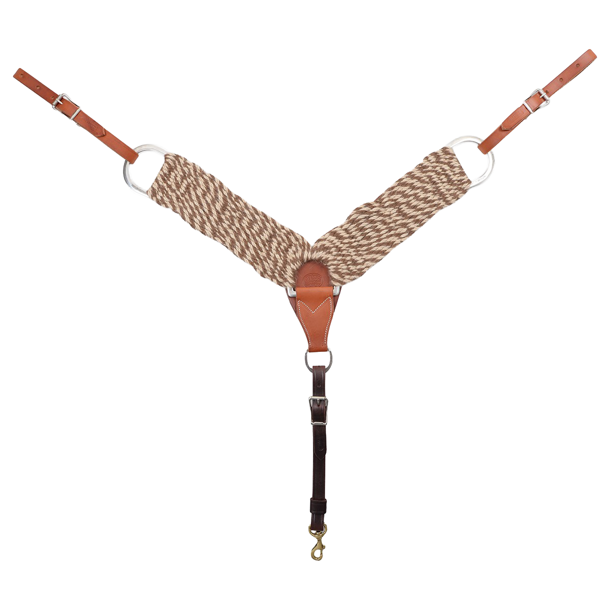 Natural mohair alpaca breastcollar seen from the front in full. Brown and cream fiber strands form the 3-inch shoulder straps, which join a leather center piece with rings, with buckled tug straps and a tie-down strap ending in a snap.