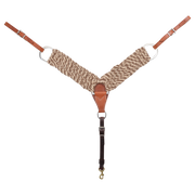 Natural mohair alpaca breastcollar seen from the front in full. Brown and cream fiber strands form the 3-inch shoulder straps, which join a leather center piece with rings, with buckled tug straps and a tie-down strap ending in a snap.