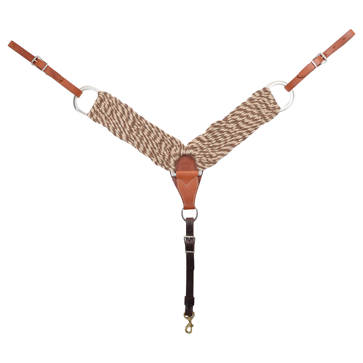 Natural mohair alpaca breastcollar seen from the front in full. Brown and cream fiber strands form the 3-inch shoulder straps, which join a leather center piece with rings, with buckled tug straps and a tie-down strap ending in a snap.