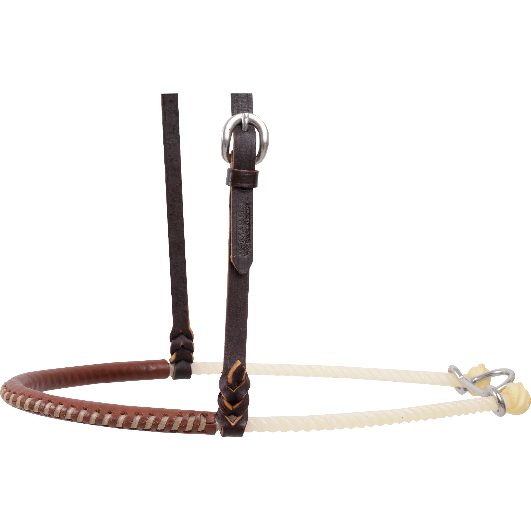 Natural harness leather nose piece of a single rope noseband, seen from the side. Light lacing spirals around the leather cover, and white rope runs back to the metal hardware.