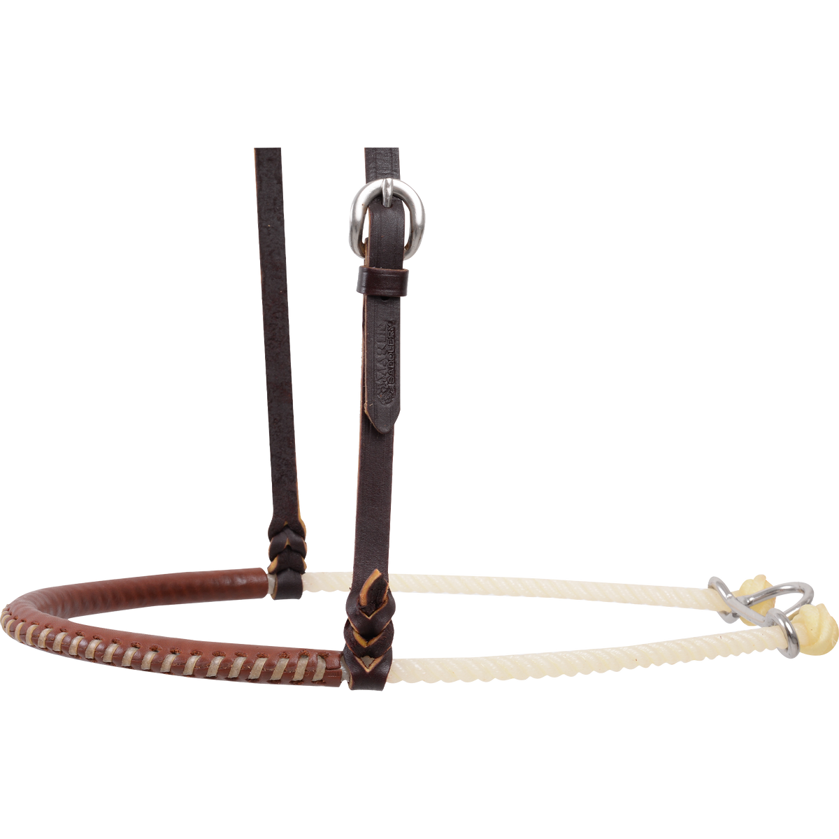 Natural harness leather nose piece of a single rope noseband, seen from the side. Light lacing spirals around the leather cover, and white rope runs back to the metal hardware.