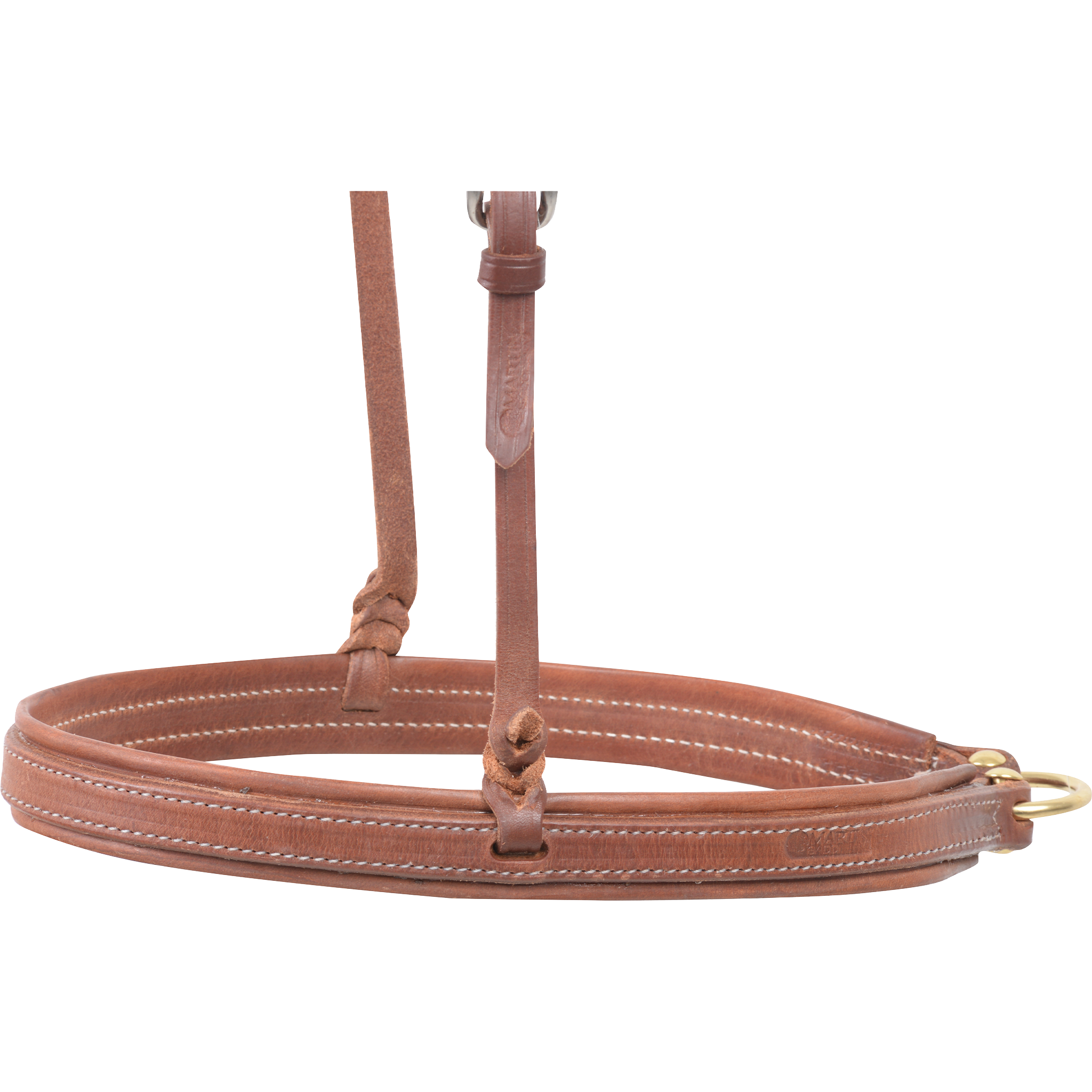 Natural harness lined noseband seen from the side. White stitching runs along the wide nose piece, with knotted leather hangers and a ring at the back.