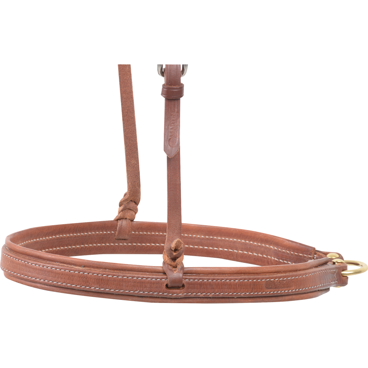 Natural harness lined noseband seen from the side. White stitching runs along the wide nose piece, with knotted leather hangers and a ring at the back.