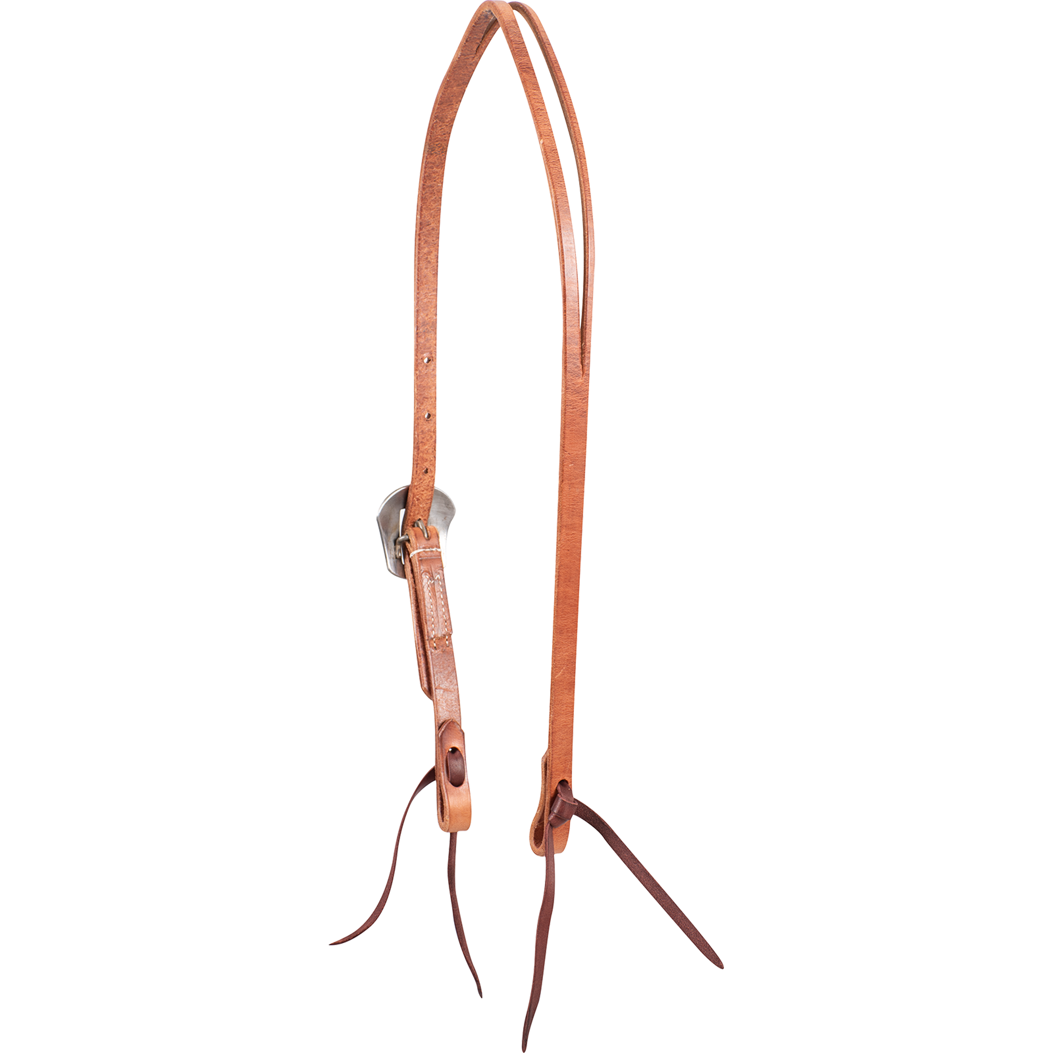 Western split ear headstall in natural harness leather, seen from the off side. The Salinas buckle shows edge-on along the cheek, and latigo ties hang from both strap ends.