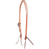 Western split ear headstall in natural harness leather, seen from the off side. The Salinas buckle shows edge-on along the cheek, and latigo ties hang from both strap ends.