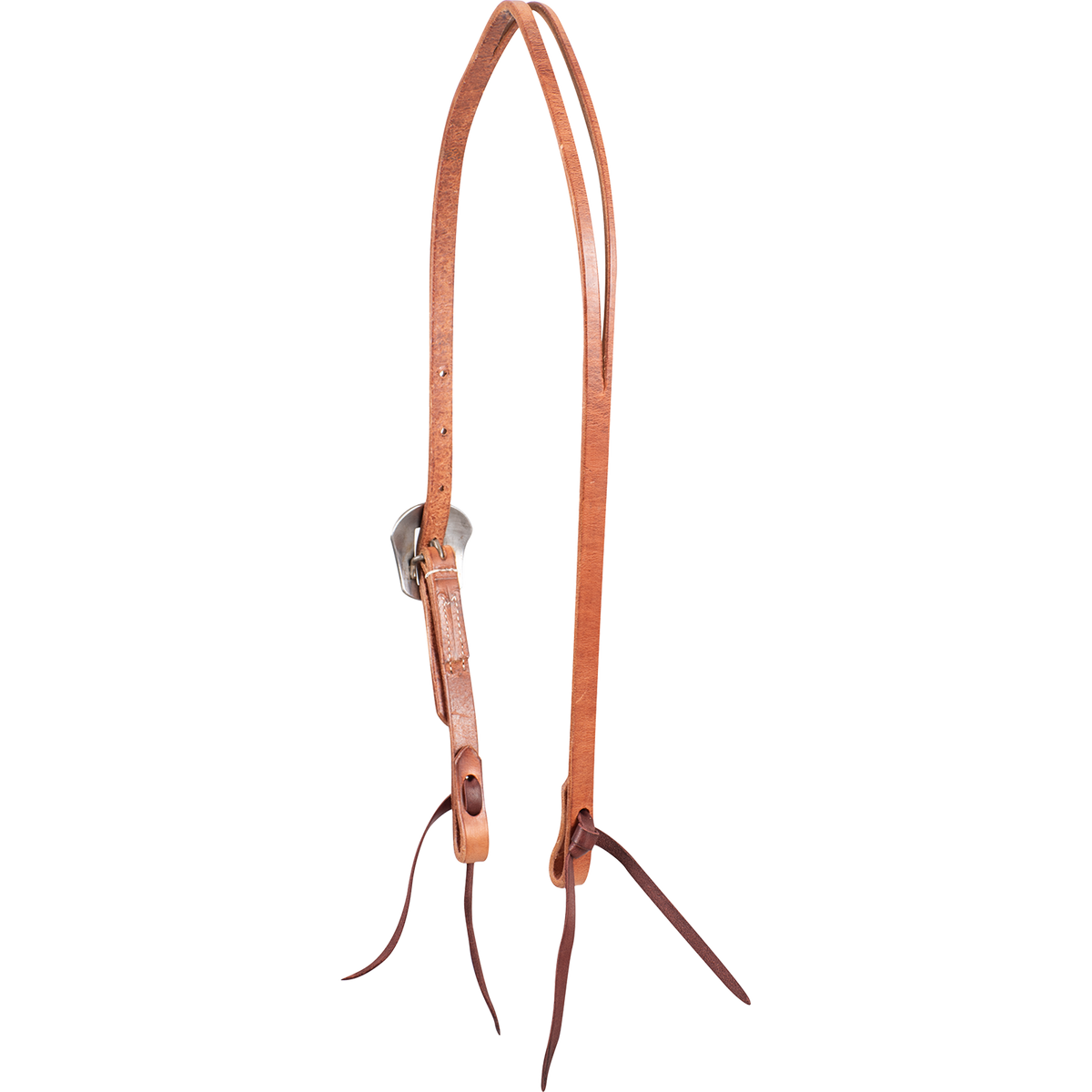 Western split ear headstall in natural harness leather, seen from the off side. The Salinas buckle shows edge-on along the cheek, and latigo ties hang from both strap ends.