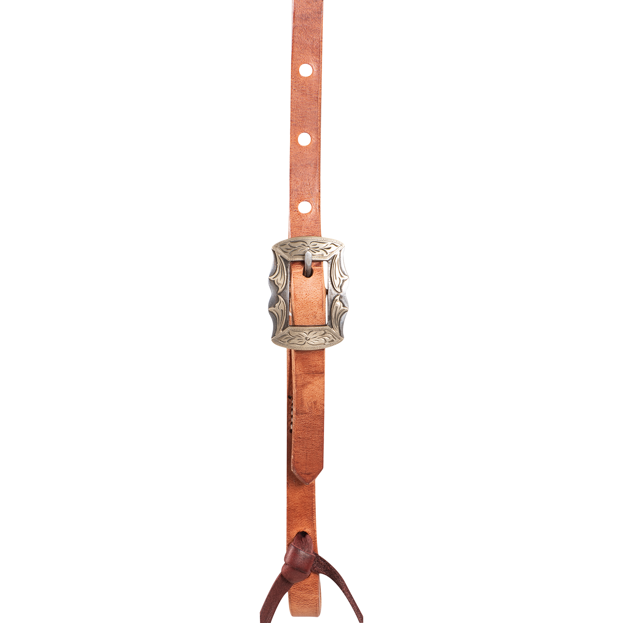 Western split ear headstall in natural harness leather, seen from the off side with the buckle turned away. The split ear opening sits at the crown, and latigo ties hang from both cheek ends.