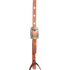 Western split ear headstall in natural harness leather, seen from the off side with the buckle turned away. The split ear opening sits at the crown, and latigo ties hang from both cheek ends.