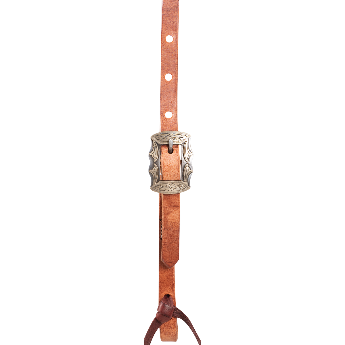 Western split ear headstall in natural harness leather, seen from the off side with the buckle turned away. The split ear opening sits at the crown, and latigo ties hang from both cheek ends.