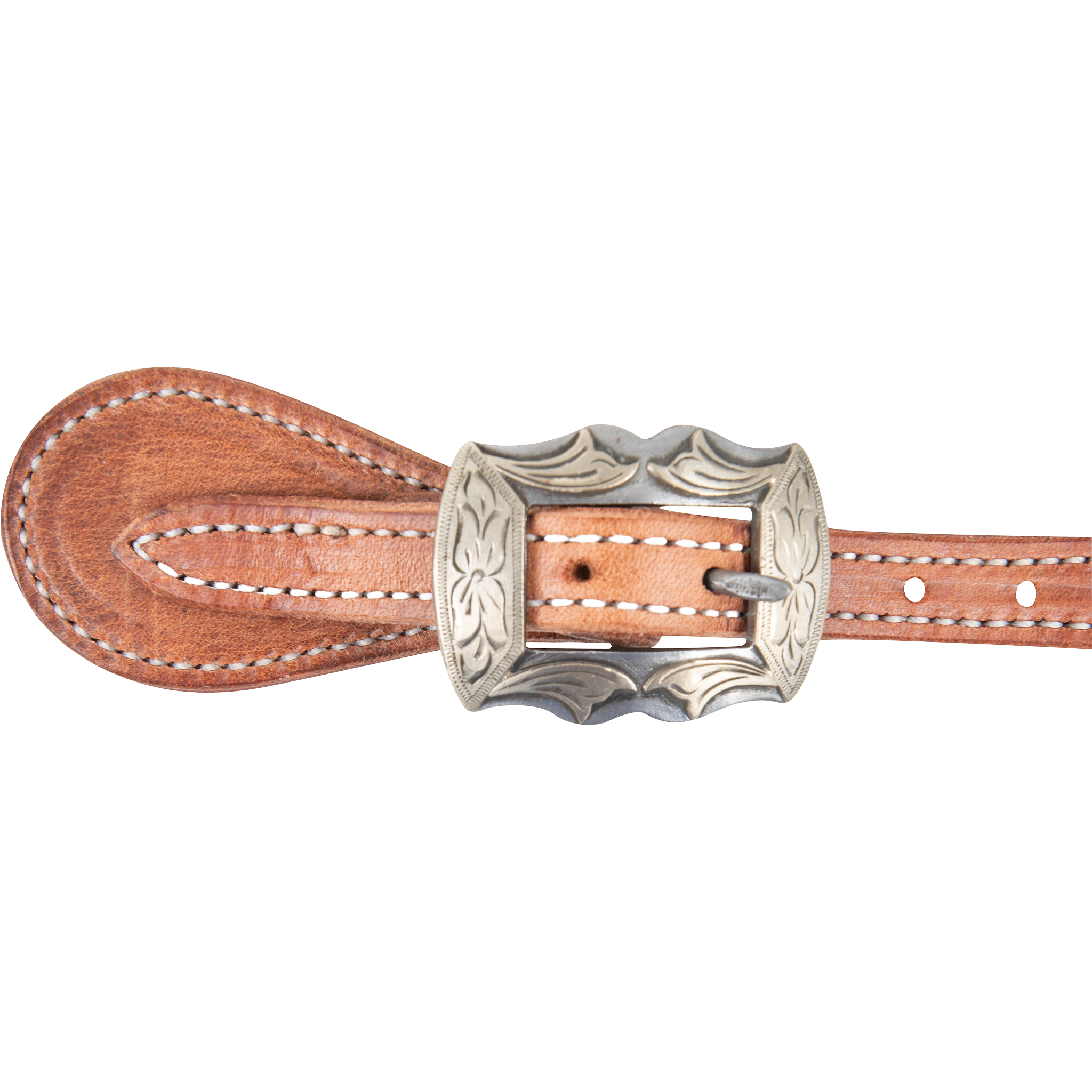 Prescott buckle on a natural harness leather spur strap, seen up close. Engraving covers the scalloped buckle frame, with white stitching on the leather around it.