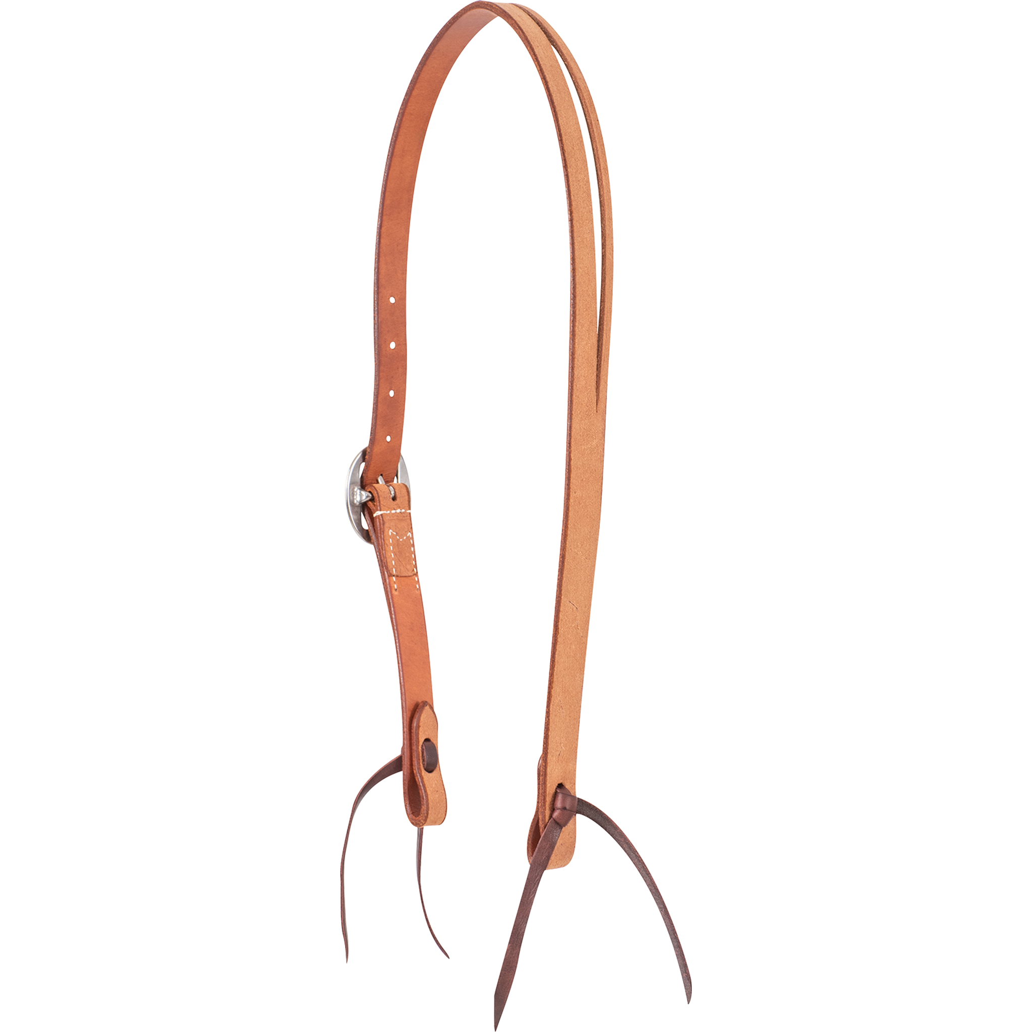 Western split ear headstall in natural roughout, seen from the off side. The light strap splits at the crown for the ear and ends in dark latigo bit ties.