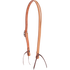 Western split ear headstall in natural roughout, seen from the off side. The light strap splits at the crown for the ear and ends in dark latigo bit ties.