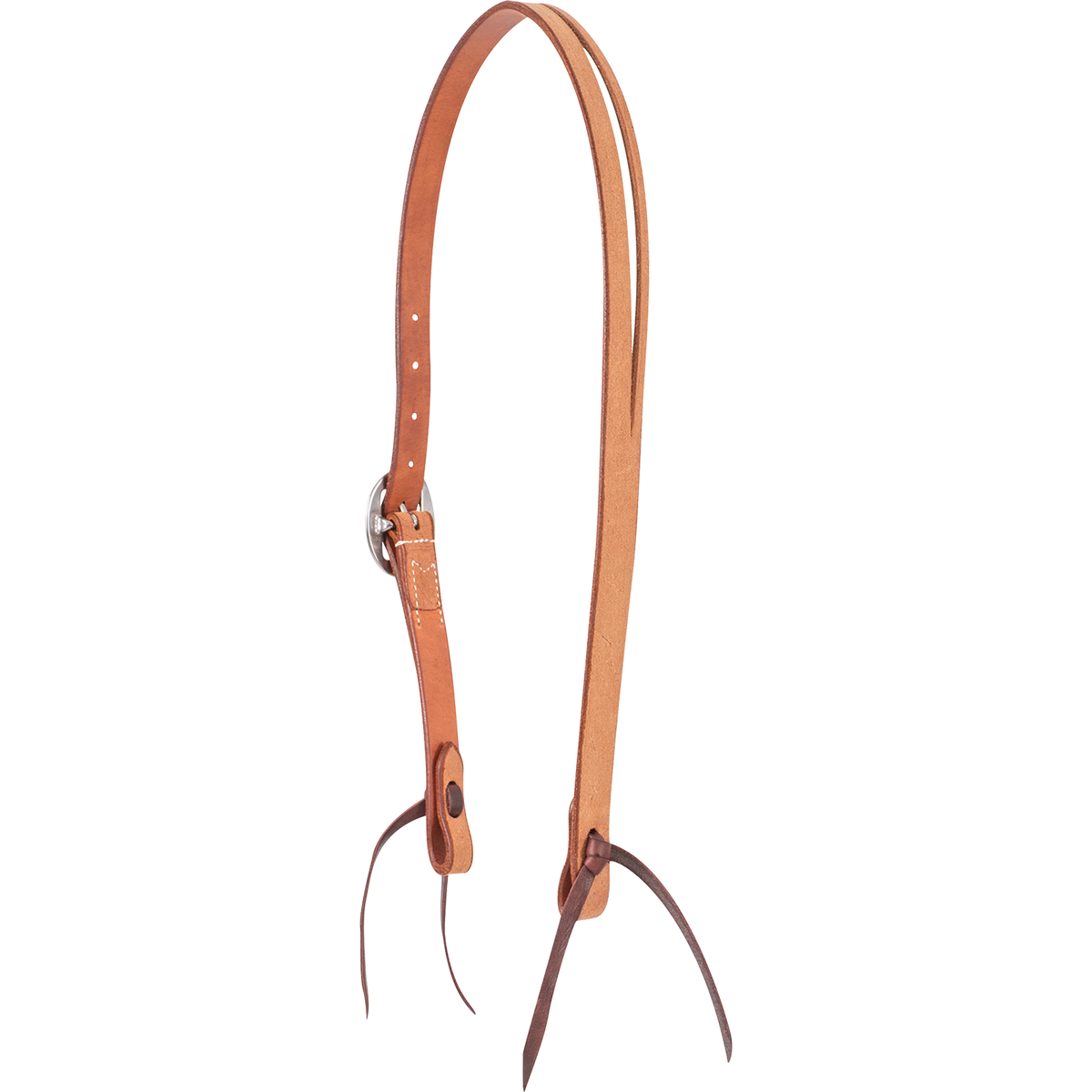 Western split ear headstall in natural roughout, seen from the off side. The light strap splits at the crown for the ear and ends in dark latigo bit ties.