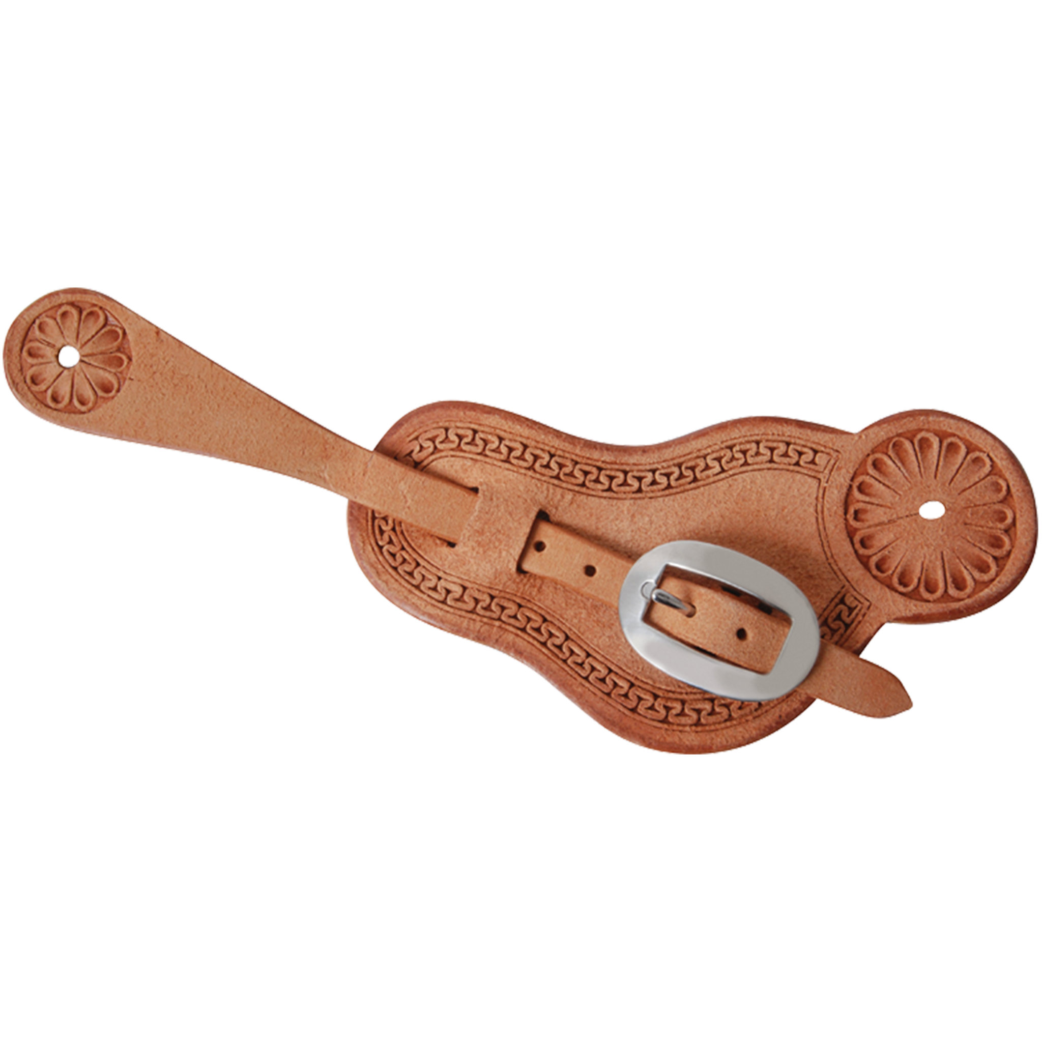 Natural roughout buckaroo spur strap, seen from above. A San Carlos border follows the edge of the roughout strap, with flower stamped ends and a stainless steel buckle.
