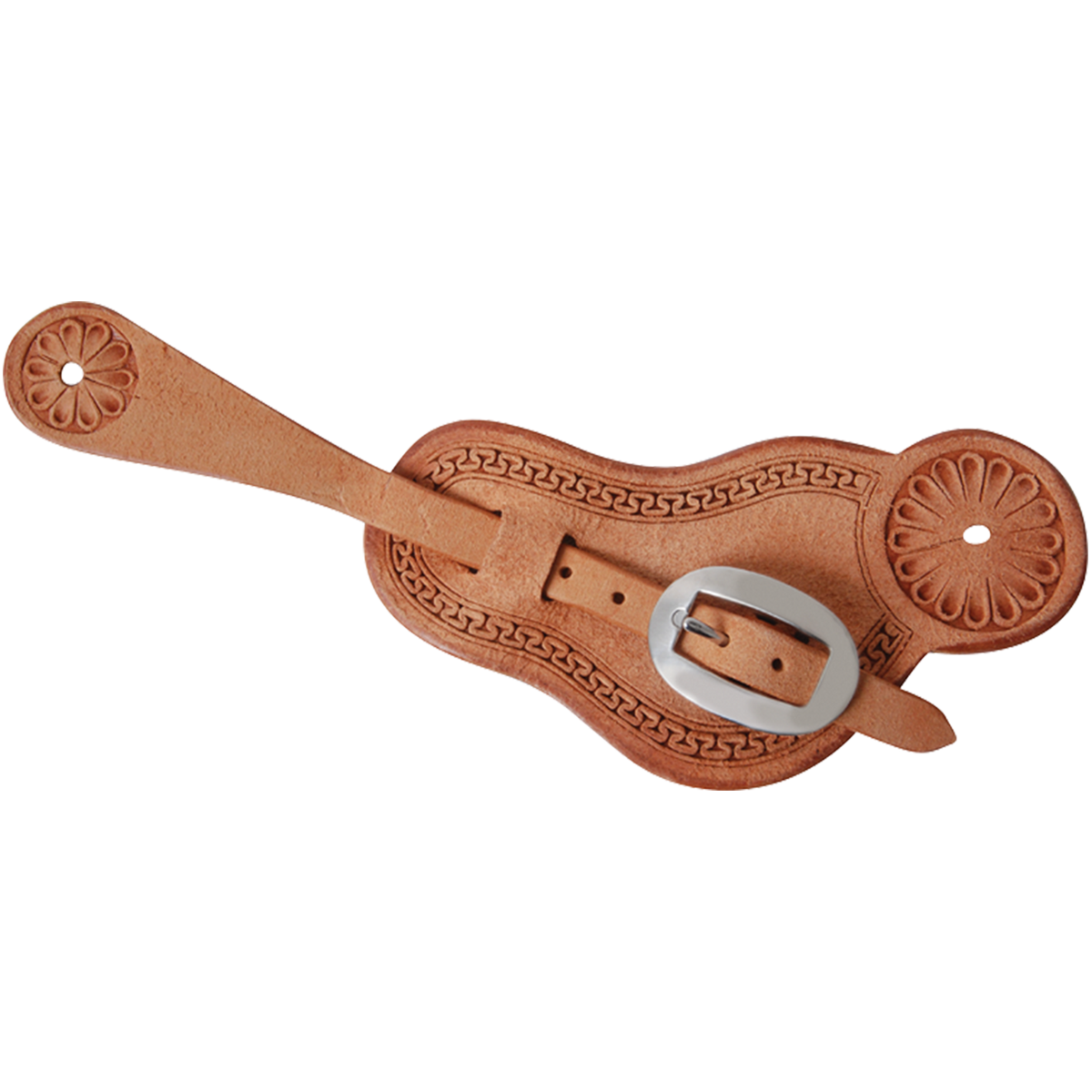 Natural roughout buckaroo spur strap, seen from above. A San Carlos border follows the edge of the roughout strap, with flower stamped ends and a stainless steel buckle.