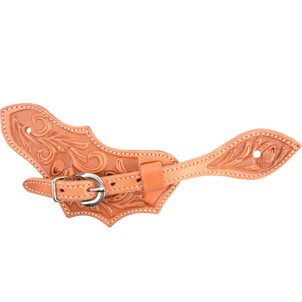 Natural oak leaf spur strap, seen from above. Acorn oak tooling fills the leaf shaped strap inside white stitching, and a stainless steel buckle fastens it.