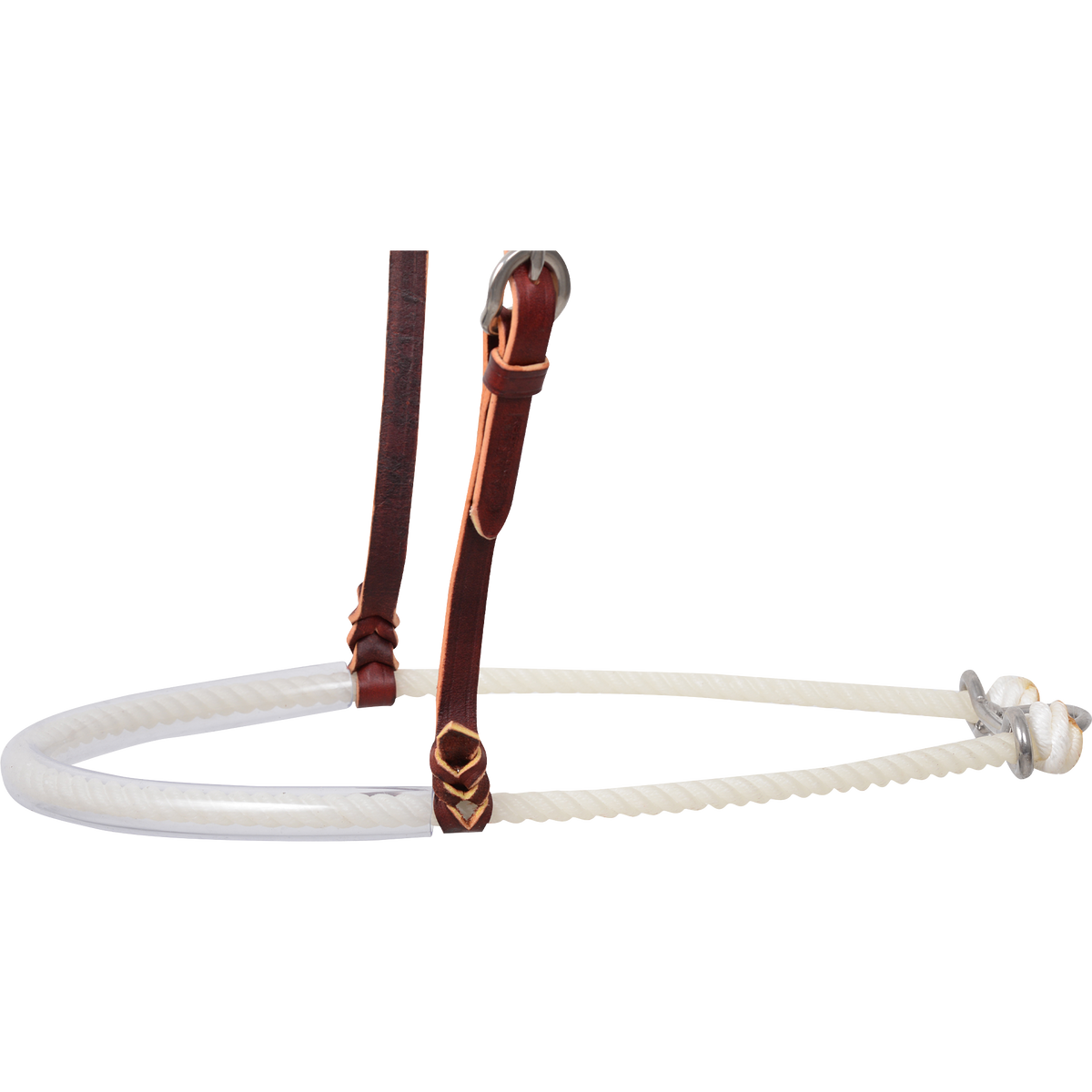 Clear tube nose piece of a single rope noseband, seen from the side. The rubber tubing covers the white rope between the leather hangers, with metal hardware at the back.